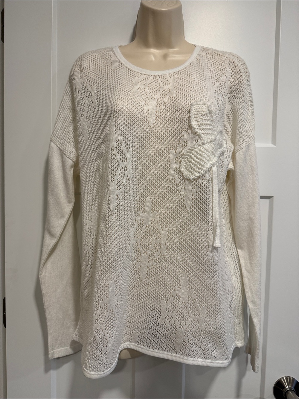Tricotto Ivory Open Knit Sweater S Oversized Bow Detail Made in Turkey